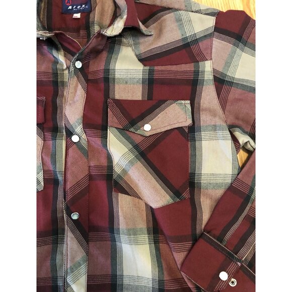 Mens Burgundy & Gray Plaid Long Sleeve Western Pearl Snap Shirt Size 38 ALEX - Picture 3 of 6